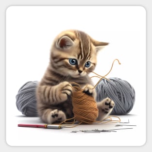 Cute kitten playing with yarn, Expressive Art Sticker Sticker